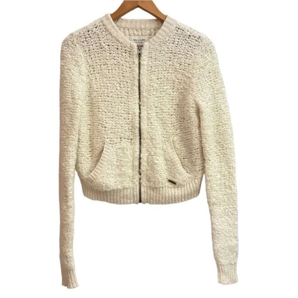 Abercrombie & Fitch Cropped Knit Cardigan Zip Front Off White Chunky Cozy Soft